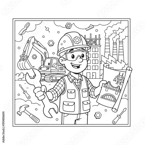 Engineer Coloring Page, Cartoon Style Engineer Line Art for Children