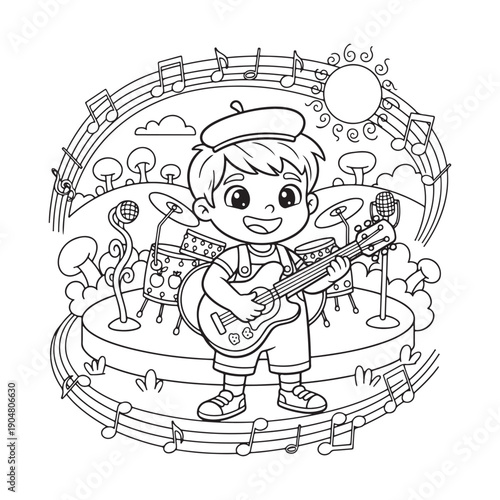 Musician Coloring Page, Cartoon Style Musician Line Art for Children