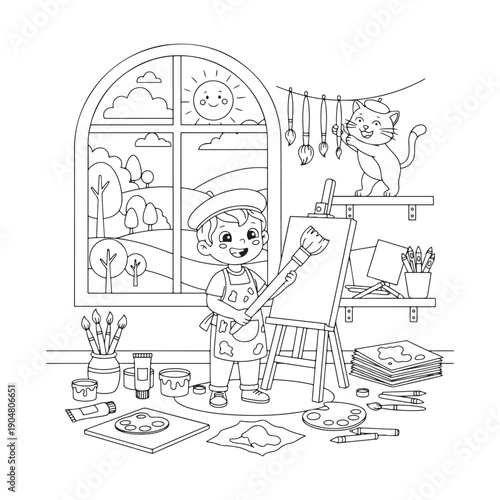 Artist Coloring Page, Cartoon Style Artist Line Art for Children