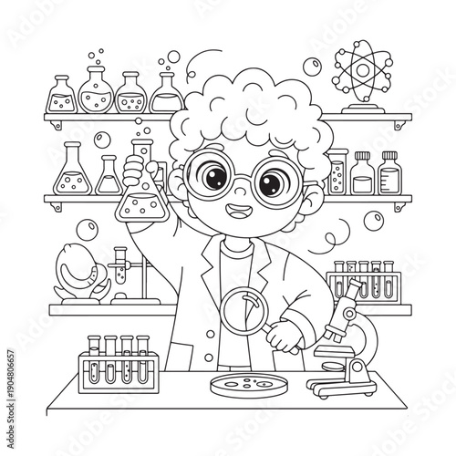Scientist Coloring Page, Cartoon Style Scientist Line Art for Children