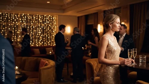 Elegant woman in a gold sleeveless gown holding two glasses, standing on the right of a lounge with tan leather sofas, twinkling light wall, and a high‑end gathering captured from a wide angle