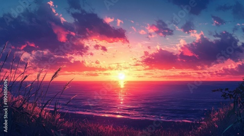 Vibrant Sunset Over Ocean Beach.