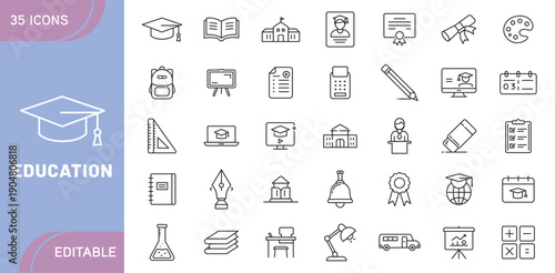 Education Icons – Learning, School, University, Online Study, Knowledge, Teaching, Books, Graduation, and Academic Symbols