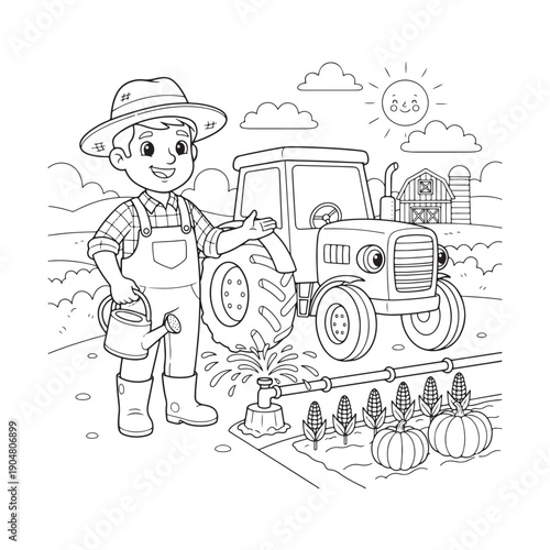 Farmer Worker Coloring Page, Cartoon Style Farmhand, Tractor Operator, Irrigation Technician Line Art for Children