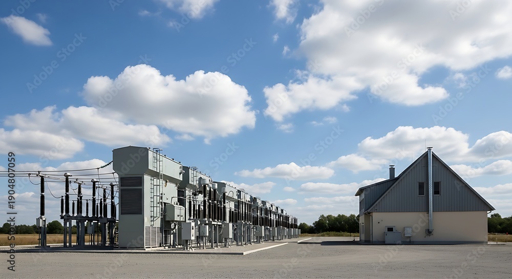 Fototapeta premium A row of massive grey power transformers stands in a clean substation yard next to a yellow control building