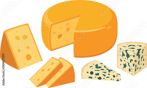 Assorted Cheese Flat Vector Illustration Set Wheels, Wedges, Swiss, and Blue Cheese