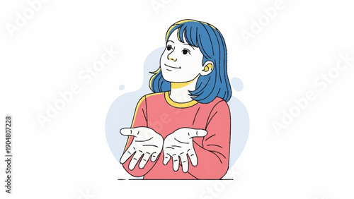 Young girl with blue hair and open hands looking up.