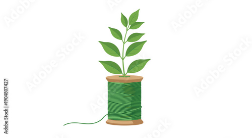 A robust green plant with multiple leaves flourishing from a spool of green thread, symbolizing strong growth,