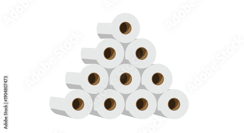 A perfectly symmetrical pyramid stack of ten white toilet paper rolls, symbolizing readiness and ample supply for