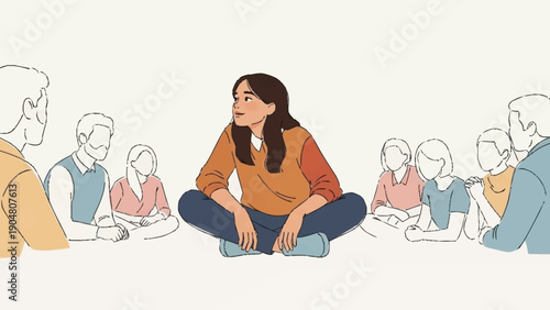 Young woman sitting cross legged in circle of people listening attentively.