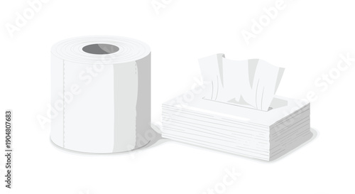 A single roll of white toilet paper positioned next to a rectangular box of white facial tissues, emphasizing essential