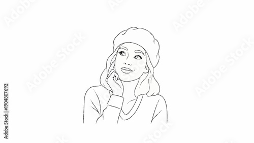 Young woman wearing a beret looking upwards thoughtfully.