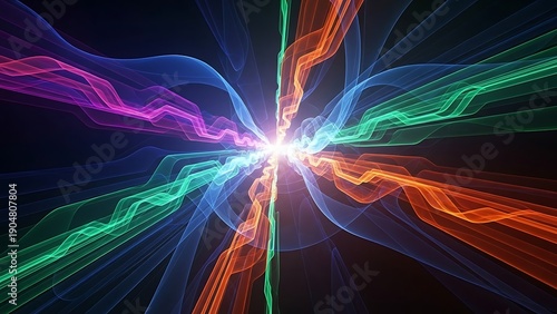 Vibrant Energy Burst With Radiant Light Rays And Colorful Abstract Waves In Dark Space