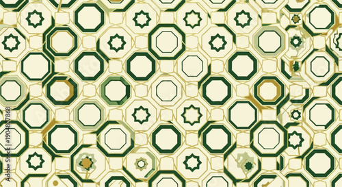 Elegant geometric seamless pattern of octagons and star shapes in olive green, golden yellow, and cream. Decorative mosaic for backgrounds and textile art