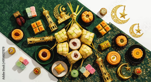An opulent spread of festive treats and decorative Islamic symbols, evoking Eid al-Fitr celebrations and cultural gatherings