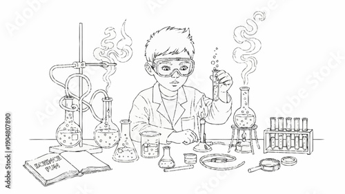 Young boy conducting a science experiment in a laboratory setting.