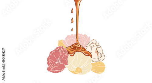 Golden, luscious honey gracefully dripping and cascading over a beautiful arrangement of pastel-colored flowers,