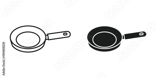 Two simple black and white illustrations of frying pans are displayed one outlined and one solid high quality professional detailed modern