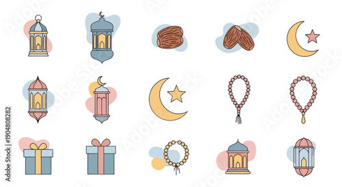 Ramadan Icons: Lanterns, Dates, Crescent Moon, Prayer Beads, Gift Boxes