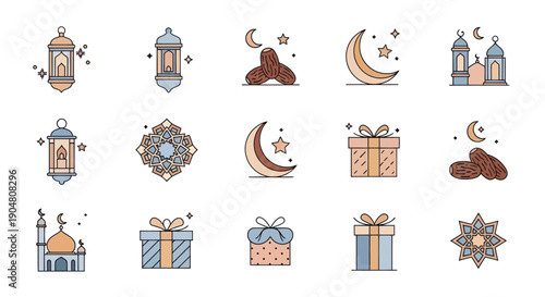 Ramadan Icons Set: Lanterns, Mosques, Moon, Stars, Dates, Gifts, Ramadan Kareem Symbols