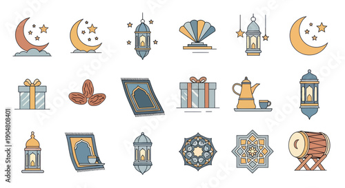 Islamic Ramadan Icons Set: Moon, Stars, Lanterns, Prayer Mat, Dates, Gifts, Drum