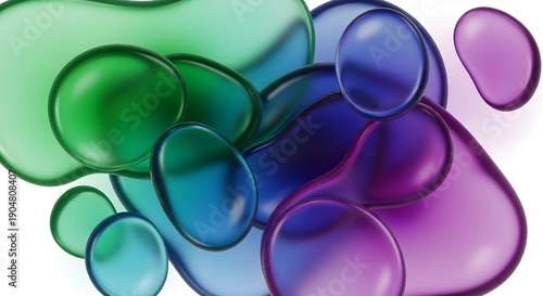 Colorful translucent liquid blobs in shades of green, blue, and purple floating on a white background, creating an abstract and fluid design.
