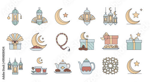 Ramadan Icons: Moon, Lanterns, Gifts, Tea, Dates, Prayer Beads, Geometric Pattern