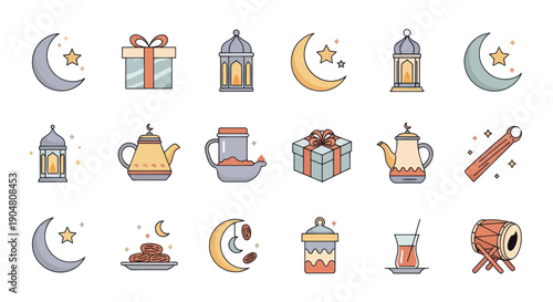 Ramadan Icons Set: Moon, Stars, Lanterns, Gifts, Teapots, Dates, Drum