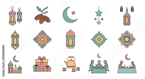 Ramadan Kareem Icons Set: Lanterns, Crescent Moon, Dates, Gifts, Tea Ceremony, Family Gathering