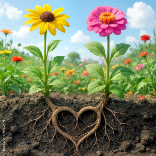 An eye-level view of a summer garden where yellow daisies and pink zinnias thrive, their roots intertwining underground to create a beautiful heart, symbolizing nature's love and connection