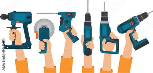 Hands Holding Power Tools Flat Vector Icon Set Drill, Saw, Grinder, and Jackhammer