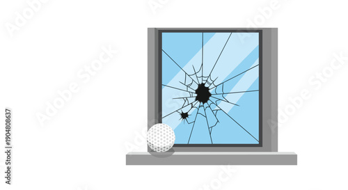 A striking image of a severely shattered window with intricate cracks radiating from a central impact point, a golf
