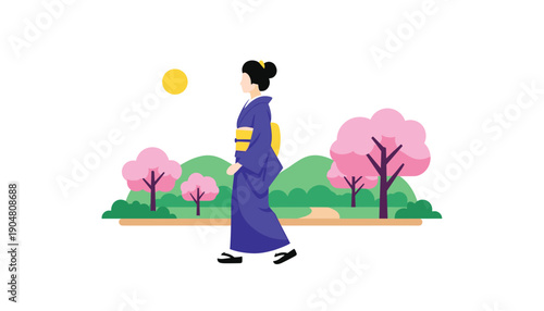 Woman walking in spring park nature flowers