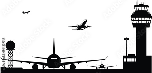 Airport silhouettes, airplanes in motion, control tower, radar structure, aviation design, aircraft operations, flight illustration, air traffic vector, travel scene, flavector