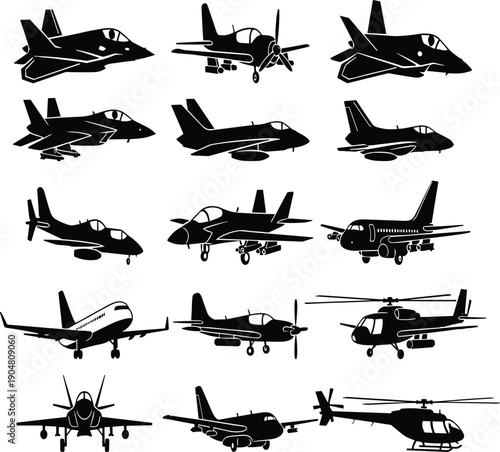 Aircraft silhouettes, fighter jets, commercial airplanes, propeller planes, helicopters, aviation design, military transport, flight illustration, aerospace vector, flavector