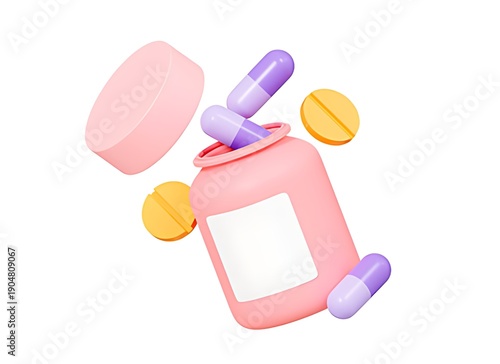 A colorful 3d rendering of a pill bottle with various pills and a pillbox
