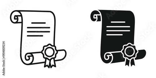 A pair of monochrome icons depicts a rolled parchment scroll sealed with a decorative rosette ribbon high quality professional detailed modern
