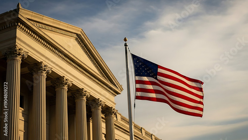 American flag waving in front of a historic building
