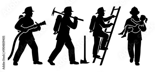 Black firefighter silhouettes performing emergency duties like extinguishing fire climbing ladders and rescuing a small child from danger