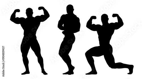 Three black silhouettes of muscular male bodybuilders performing various poses including double biceps and side chest for fitness and bodybuilding competition