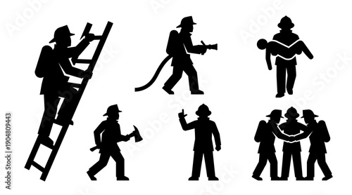 Collection of black firefighter silhouettes performing emergency duties including fire suppression rescue operations climbing ladders and working together as a team