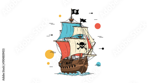 Majestic pirate ship with large sails and a skull flag sails across the ocean, surrounded by abstract geometric shapes.