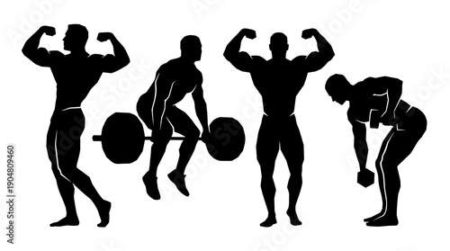 Collection of black silhouettes featuring male athletes performing bodybuilding poses deadlifts and dumbbell rows for fitness and strength training concepts