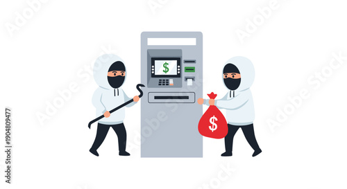 Cartoon illustration portraying two masked robbers attempting to break into an automatic teller machine with a crowbar