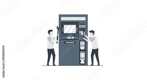 Monochrome illustration depicting two skilled technicians diligently performing maintenance and repairs on an automatic