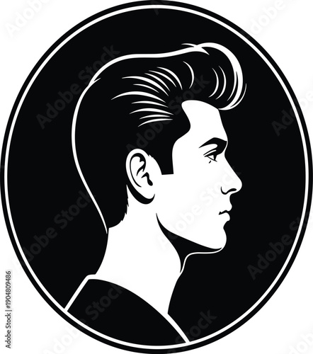 Vector Illustration of Handsome Man Profile in Circular Frame for Barber Shop Hair Styling Salon Masculine Branding and Graphic Designs