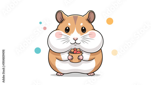Adorable cartoon hamster with chubby cheeks holds a small paper bag filled with treats on a bright white background.