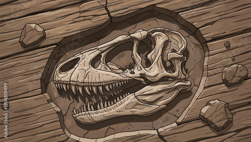 Ancient dinosaur skull fossil embedded in a rocky surface, showing detailed bone structure and sharp teeth of a predator.