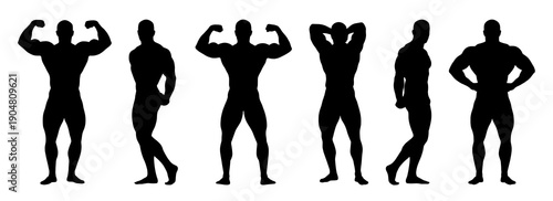 Collection of six black male bodybuilder silhouettes demonstrating various classic competition poses to highlight muscle definition and strong athletic physique