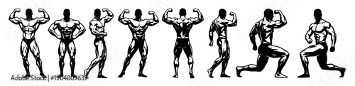 Collection of black and white male bodybuilder silhouettes demonstrating different muscle flexing poses for gym training and athletic bodybuilding contests